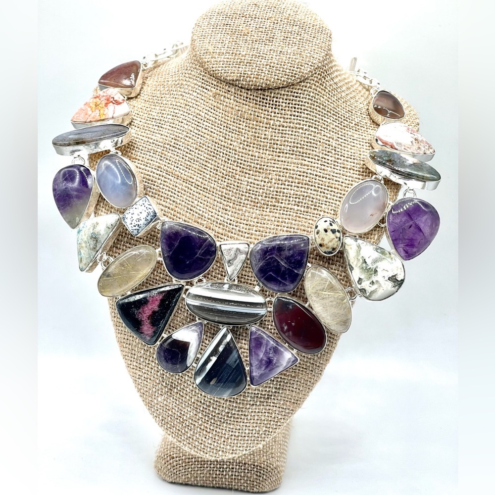 Multi Stone Amethyst,Oweyhee, Dalmation, Rhodonite Necklace 18”-19”